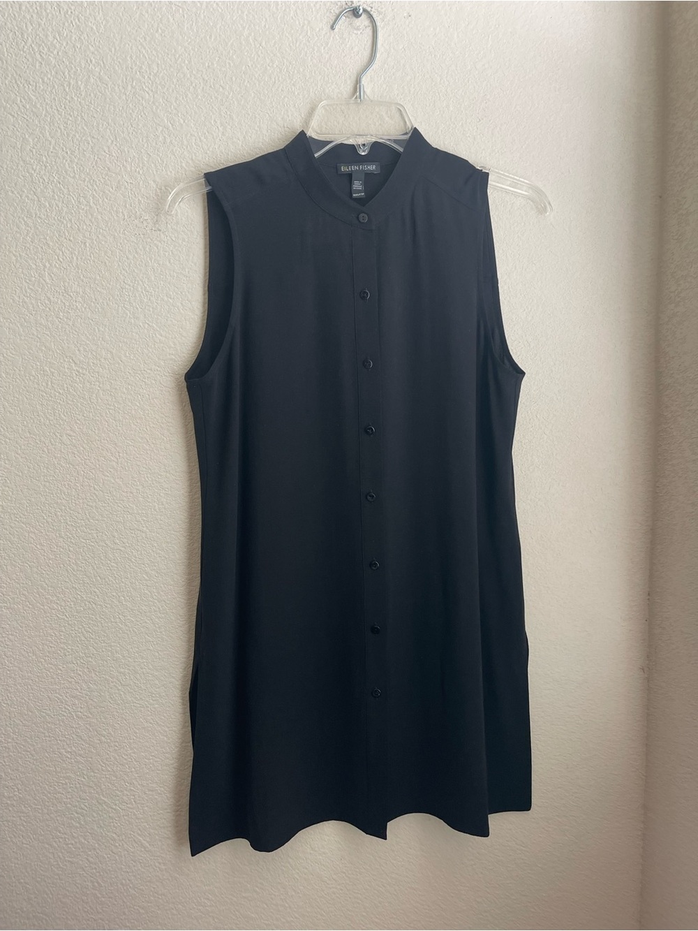 Eileen Fisher Black Elemental Sleeveless Mandarin Collar Button down top